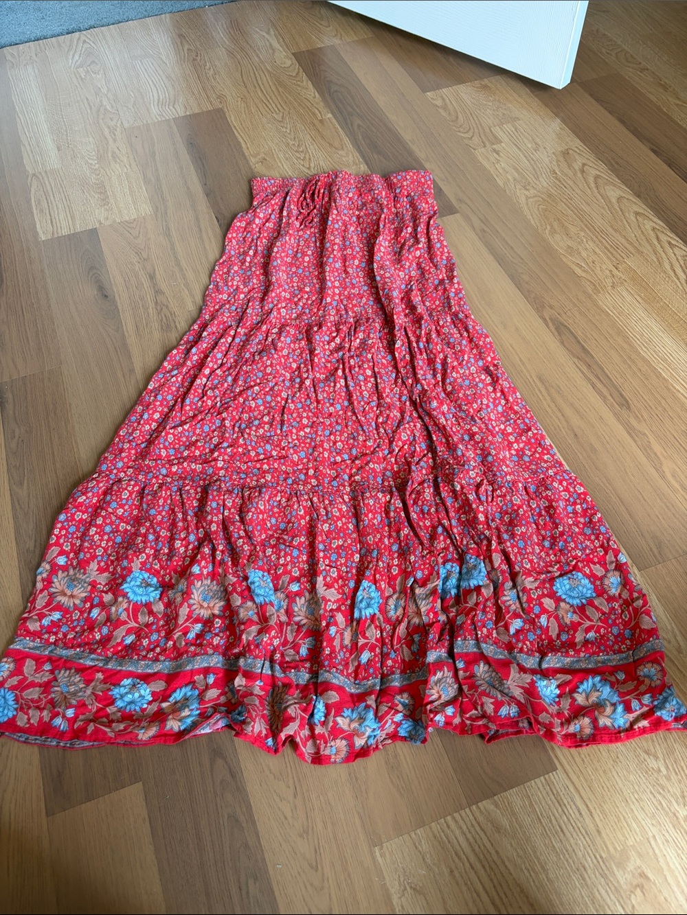 Boho Red Floral Tiered Maxi Skirt